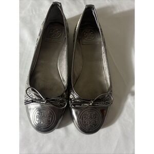Tory Burch Women's Leather Verbena Flats Size 5 M Pewter and Snakeskin Slip On